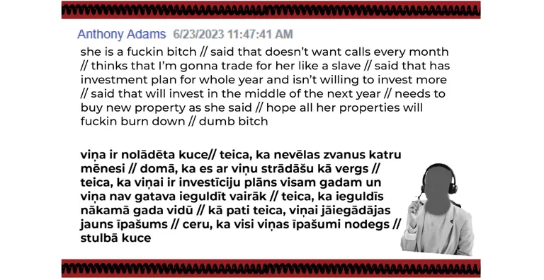 Aģenta atstāta piezīme iekšējā sistēmā, kur atzīmē informāciju par upuriem.
