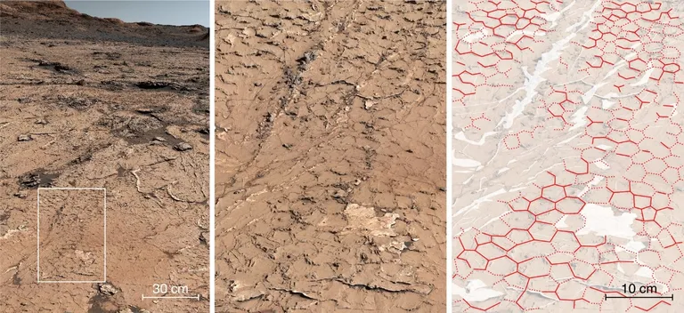 Curiosity pildid Marsi Gale'i kraatri nõlvast. Kuusnurkne muster viitab vahelduva niiskusega aastaaegadele