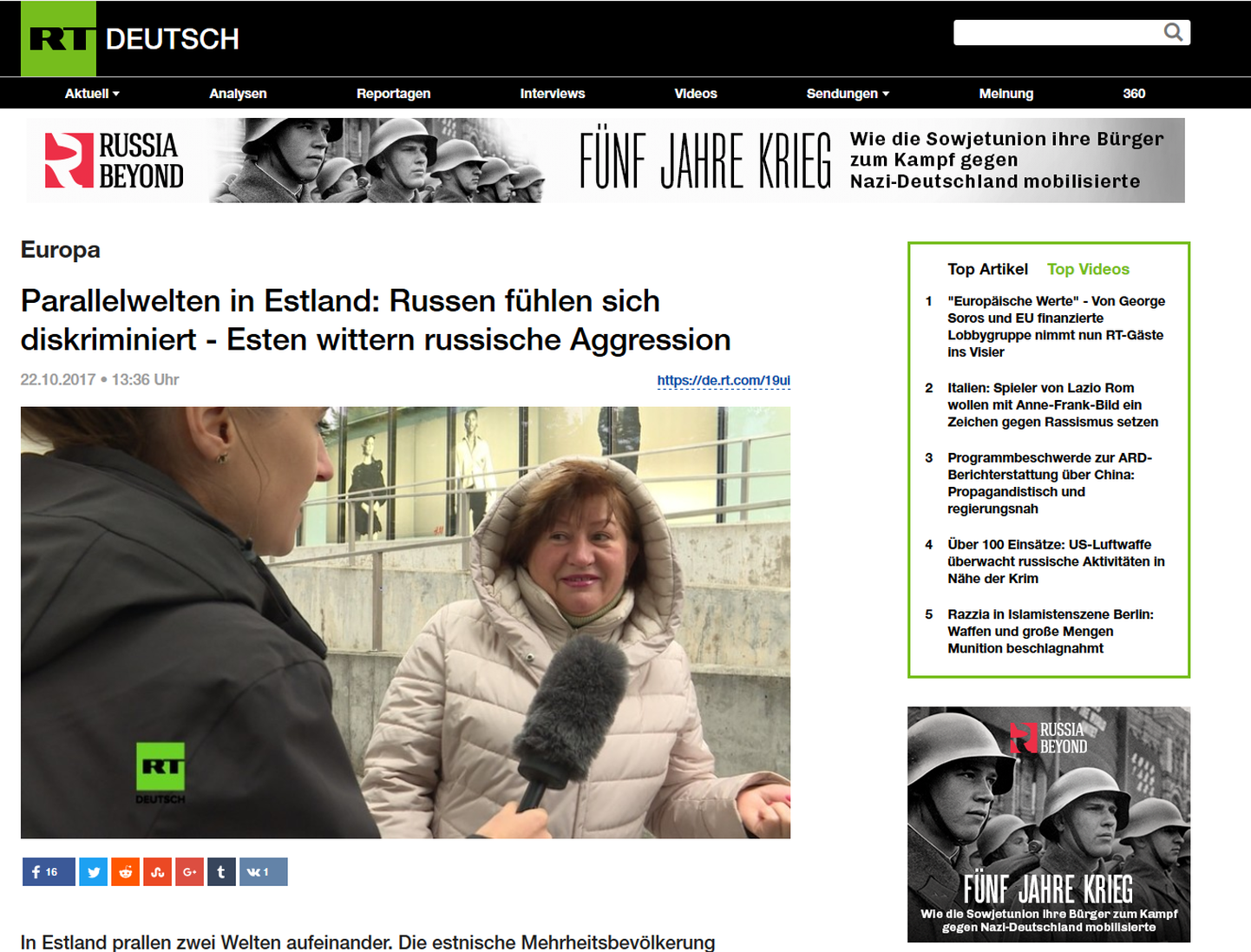 Saksakeelse RT lugu «Paralleelmaailmad Eestis: venelased tunnevad end diskrimineerituna – eestlased aimavad Vene agressiooni»