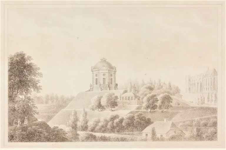 Rotund üksipäini. Veel on 1820. aastad. Tagaplaanil toomkiriku varemed, mille kooriossa on Johann Wilhelm Krause jõudnud selleks ajaks rajada ülikoolile juba ka raamatukogu.