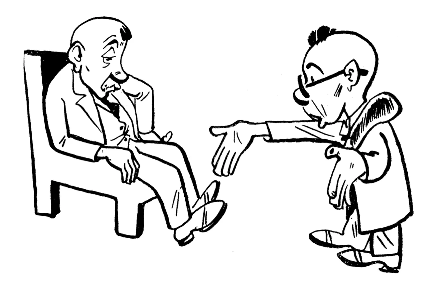 ««... kuidas võid sa olla nii tuim, kui mujal tapetakse inimesi,» karjusin ...» Karikatuur Romulus Tiituse raamatust «Toslemi kirjad ja juhtumised».