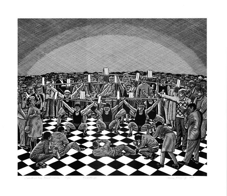 Toomas Kuusingu linoollõige «Spordinäitus kunstihoones» (2014, 50 x 60 cm).