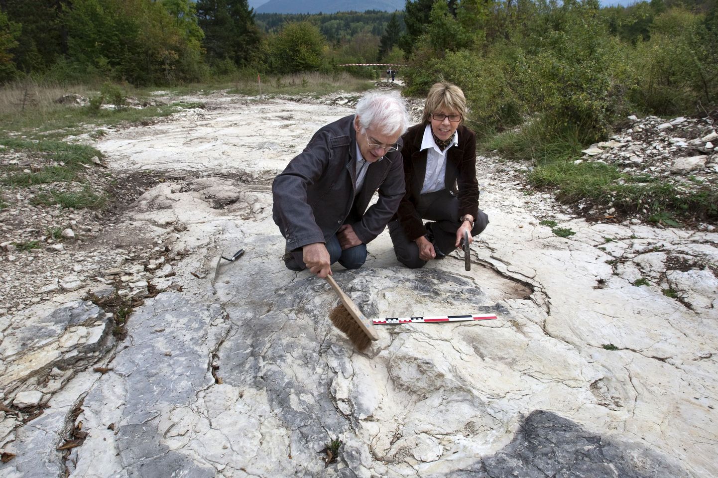 Paleontoloogid Patrice Landry (vasakul) ja Marie-Helene Marcaud 150 miljoni aasta vanuste sauropoodi jälgede juures