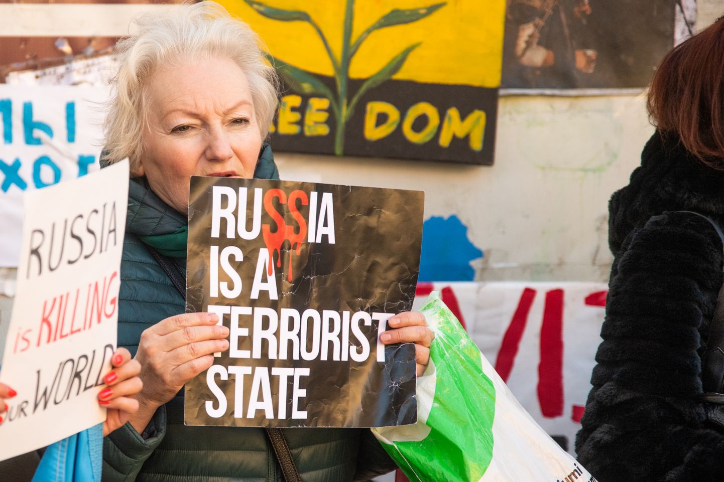 Протест напротив российского посольства в Риге против ракетного обстрела Украины. 10 октября 2022 года