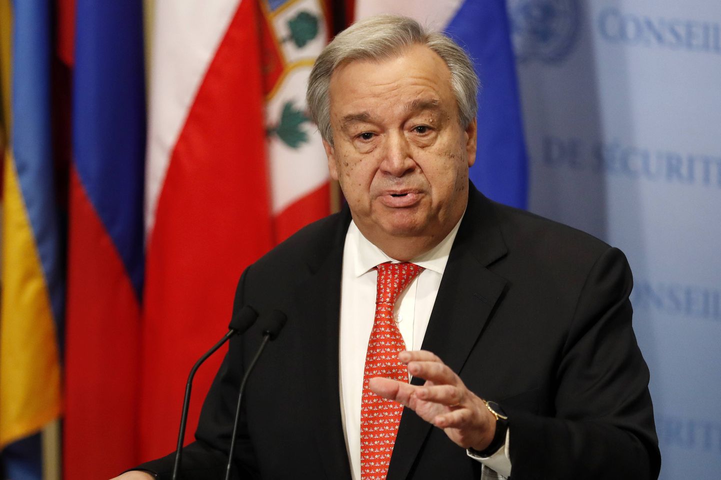 ÜRO peasekretär António Guterres neljapäeval New Yorgis ÜRO peakorteris pressikonverentsil.