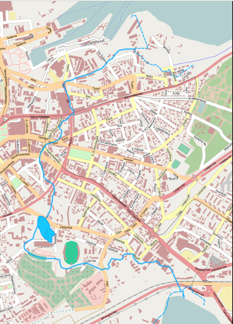 Изображение русла речки Хярьяпеа на карте современного Таллинна.