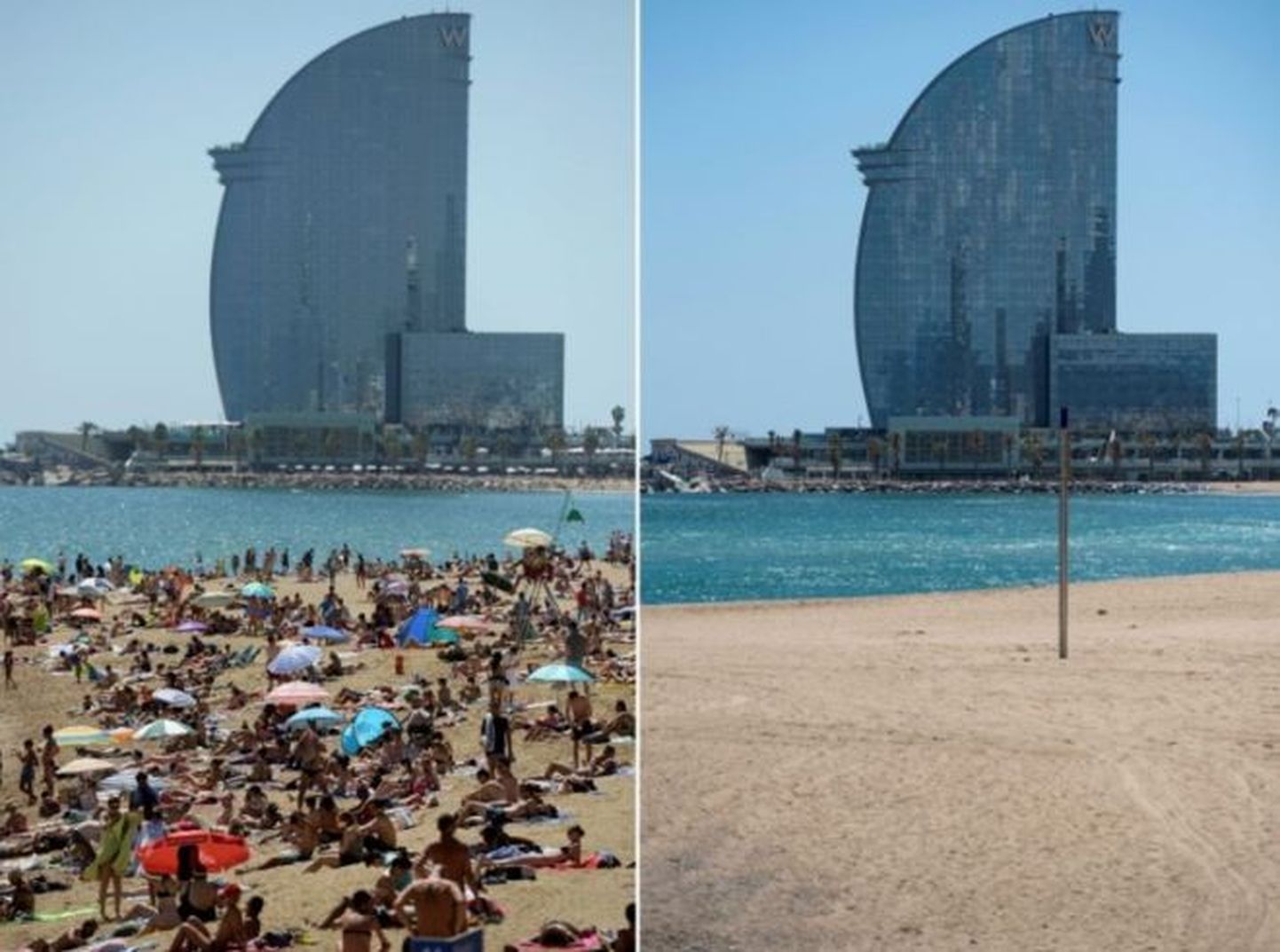 Пляж Барселоны - в августе 2017 года и в мае 2020-го