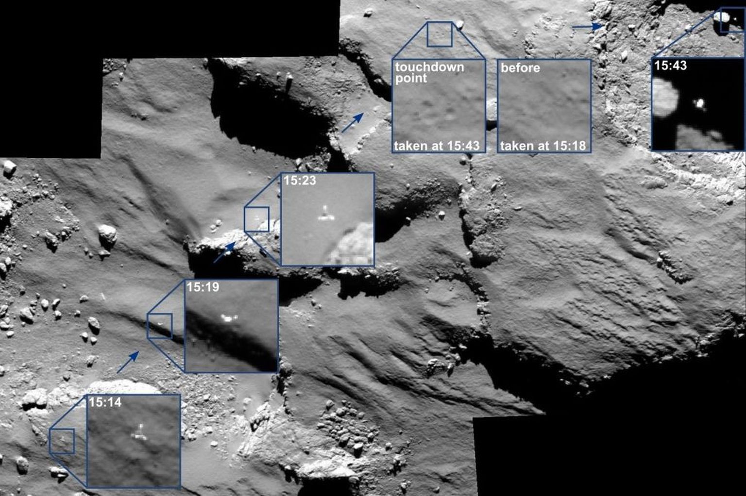 Rosetta jäädvustused Philae maandumisest komeedile