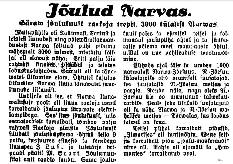 Статья о Рождестве в Нарве в номере местной газеты "Põhja Kodu" от 29 декабря 1937 года.
