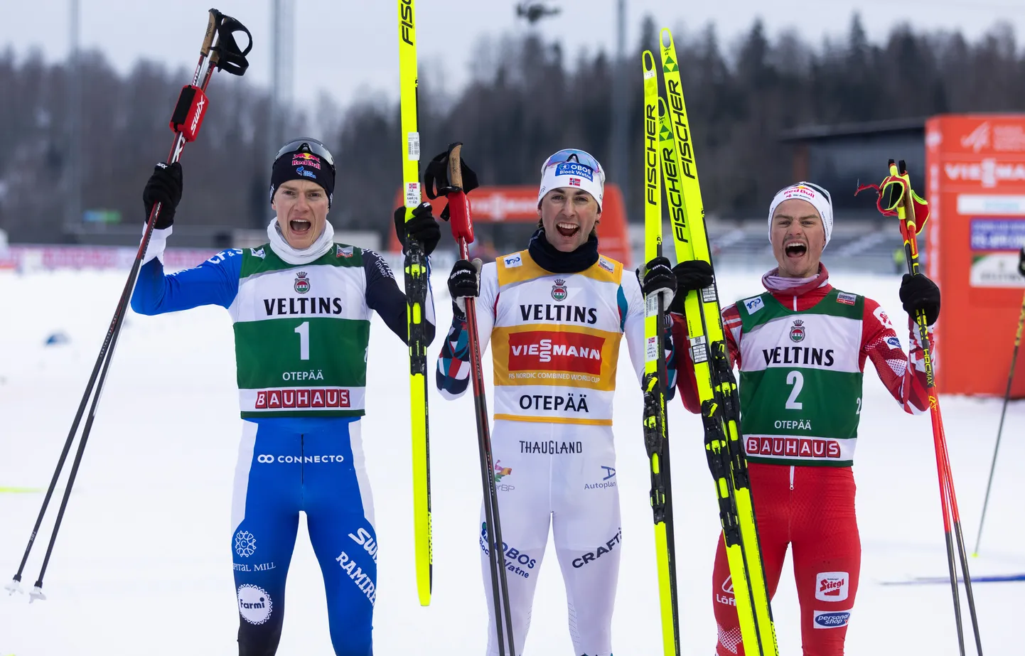 Otepää MK-etapi poodium: Kristjan Ilves (vasakult), Jarl Magnus Riiber ja Johannes Lamparter.