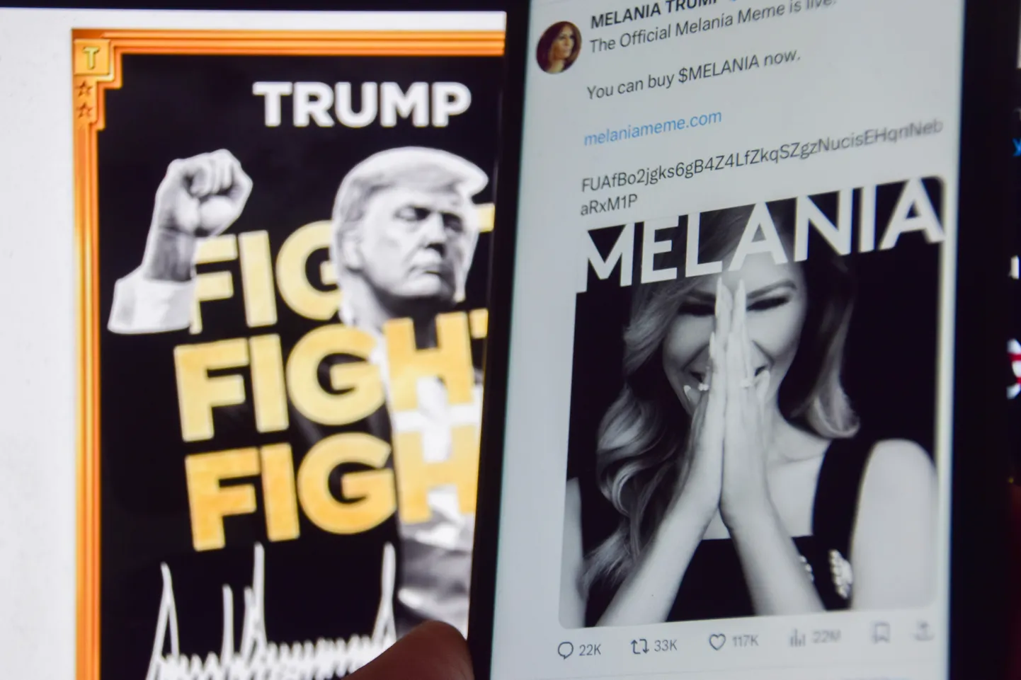 USA president Donald Trump ja Melania Trump lasid enne Trumpi inauguratsiooni välja meemimündid. Donald Trumpi münt tõusis hinnas, kuid kukkus pärast Melania mündi turuletoomist. 20. jaanuaril 2025, London, Inglismaa, Ühendkuningriik: