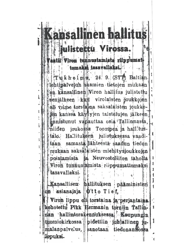 Teade Eesti valitsuse ametisse asumisest jõudis avalikkuse etta ka vähemalt ühe Soome ajalehe – Uusi Suomi 25.9.1944 – veergudel.