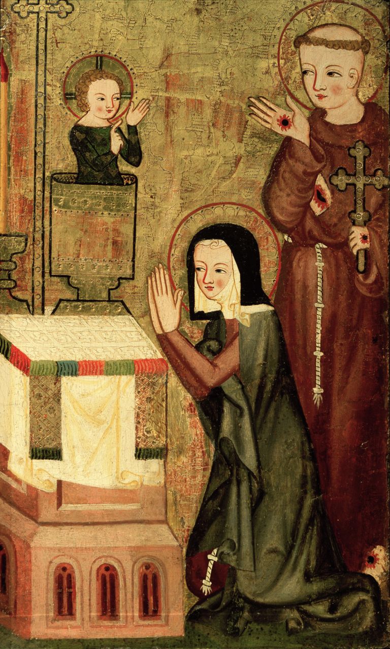 Keskaegse käsikirja illustratsioon, millel on kujutatud nunna, munka ja pühakut