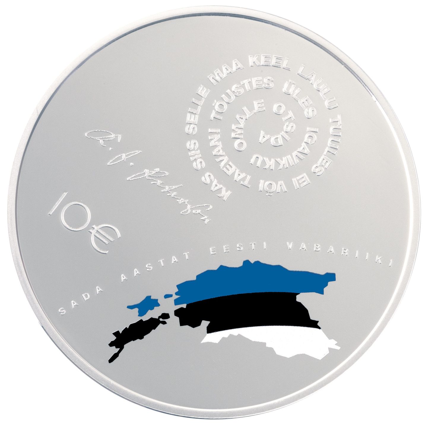 Eesti Vabariigi 100. sünnipäevale pühendatud hõbedase meenemündi on kujundanud Margus Kadarik ja Toomas Niklus.