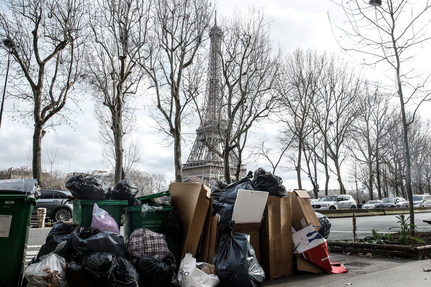 Вид на Эйфелеву башню с кучей мусора.