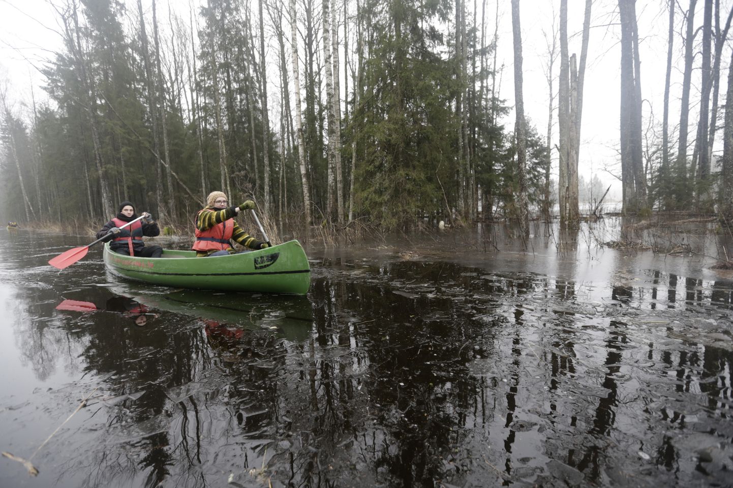 People canoe through a flooded forest in Soomaa national park, Estonia, February 7, 2016. In this Estonian region hit by floods every spring the natural disaster is used to attract visitors and organise canoe tours through flooded territories. The floods are called Fifth Season by local people. REUTERS/Ints Kalnins