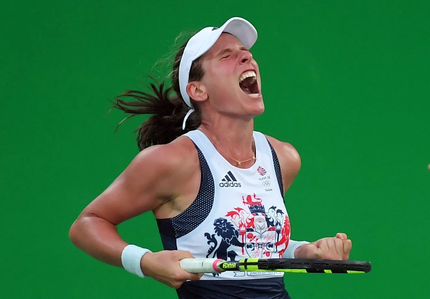 Johanna Konta tähistamas Rio olümpial võitu Svetlana Kuznetsova üle.