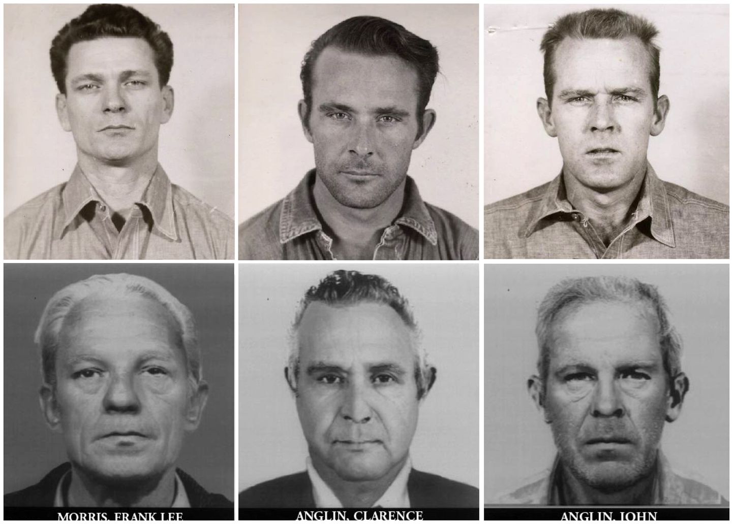 Alcatrazi saare vanglast põgenenud Frank Lee Morris, Clarence Anglin and John Anglin (vasakult alates)noorena ning millisena nad vanemas eas välja näha võivad