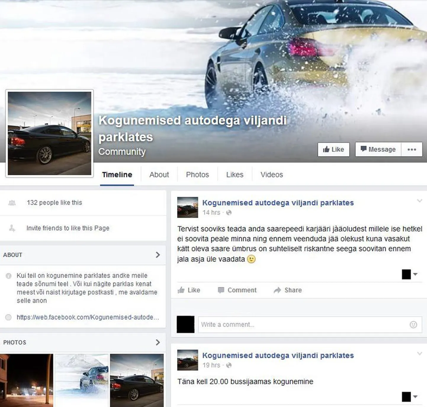 Kohalikud autosõbrad lõid detsembri lõpul Facebookis grupi «Kogunemised autodega Viljandi parklates», kus lepitakse kokku, millises parklas võiks õhtul kokku saada. Muu hulgas tegeldakse kogunemistel driftimisega, millega võitlemiseks hakkas politsei autosid ajutiselt käest võtma.