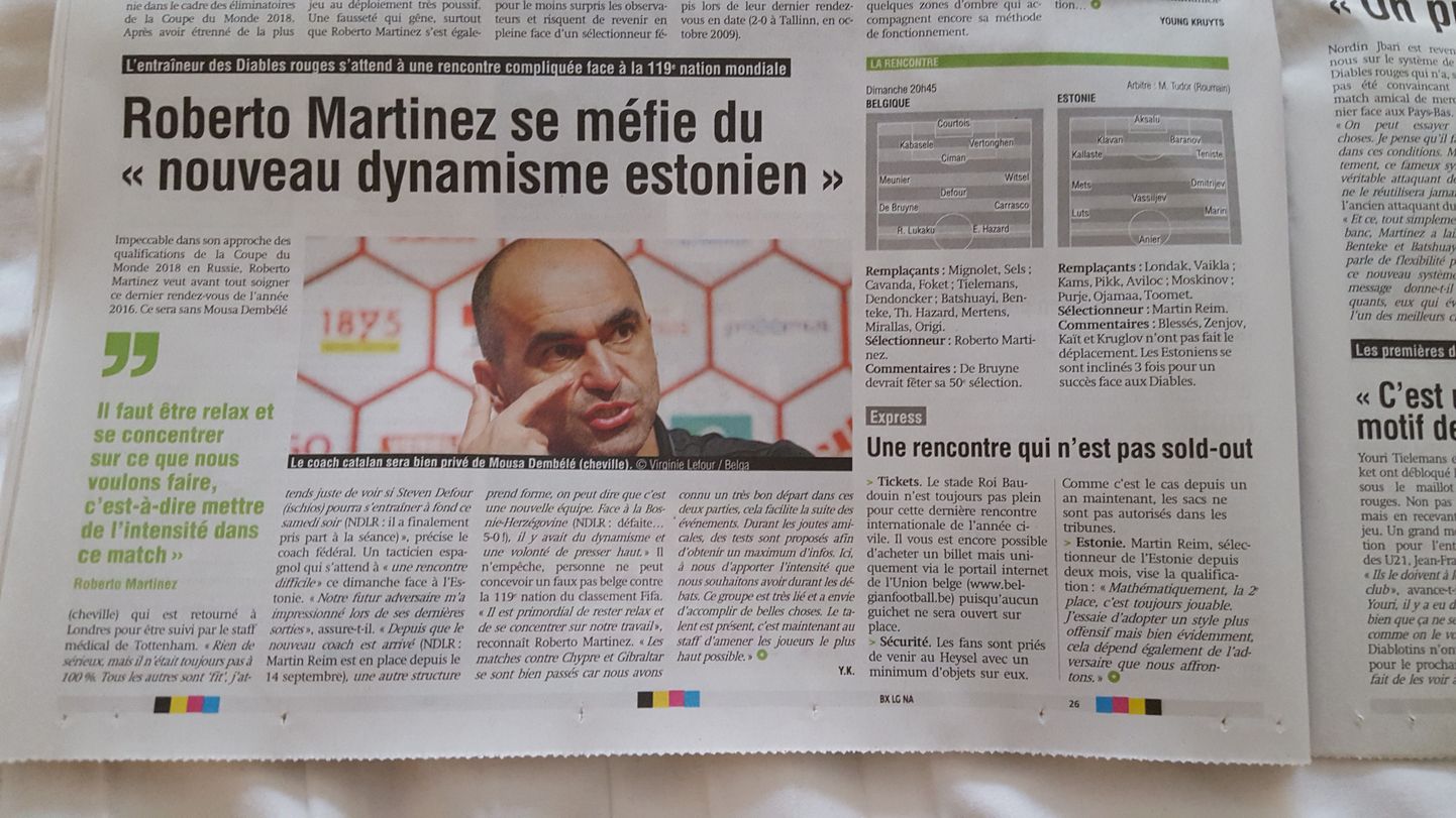 Belgia ajaleht Dimanche tsiteerib Eesti kohta häid sõnu öelnud Belgia koondise peatreenerit Roberto Martinezt.