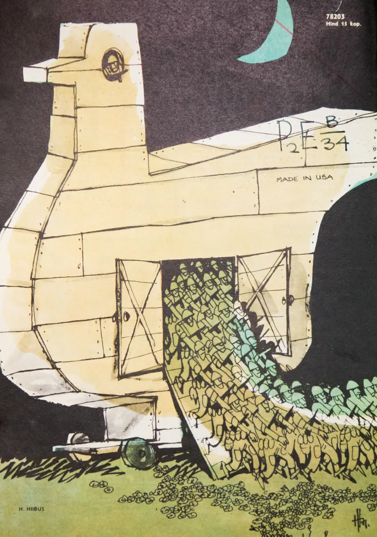 H. Hiibus (1971 aug). Rahutuviks maskeerunud Trooja hobust kujutav karikatuur ilmus pärast Vietnami sõda puudutavate nn Pentagoni paberite avalikustamist, mis paljastas USA varisõja Kagu-Aasia riikides. Pikaleveninud sõda Vietnamis ja selle naaberriikides andis Moskvale hea põhjenduse kujutada USAd imperialistliku riigina. Seda võimalust ei jätnud Moskva kasutamata.
