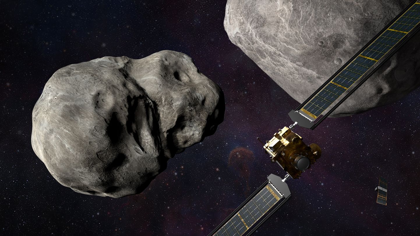 Illustreeriv pilt NASA kosmoseaparaadist Double Asteroid Redirection Test (DART) lähenemas asteroididele Dimorphos ja Didymos.