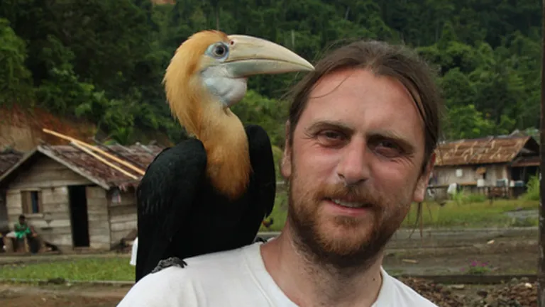 Ekspedīciju vadītājs ar jaunu Papua degunragputnu 