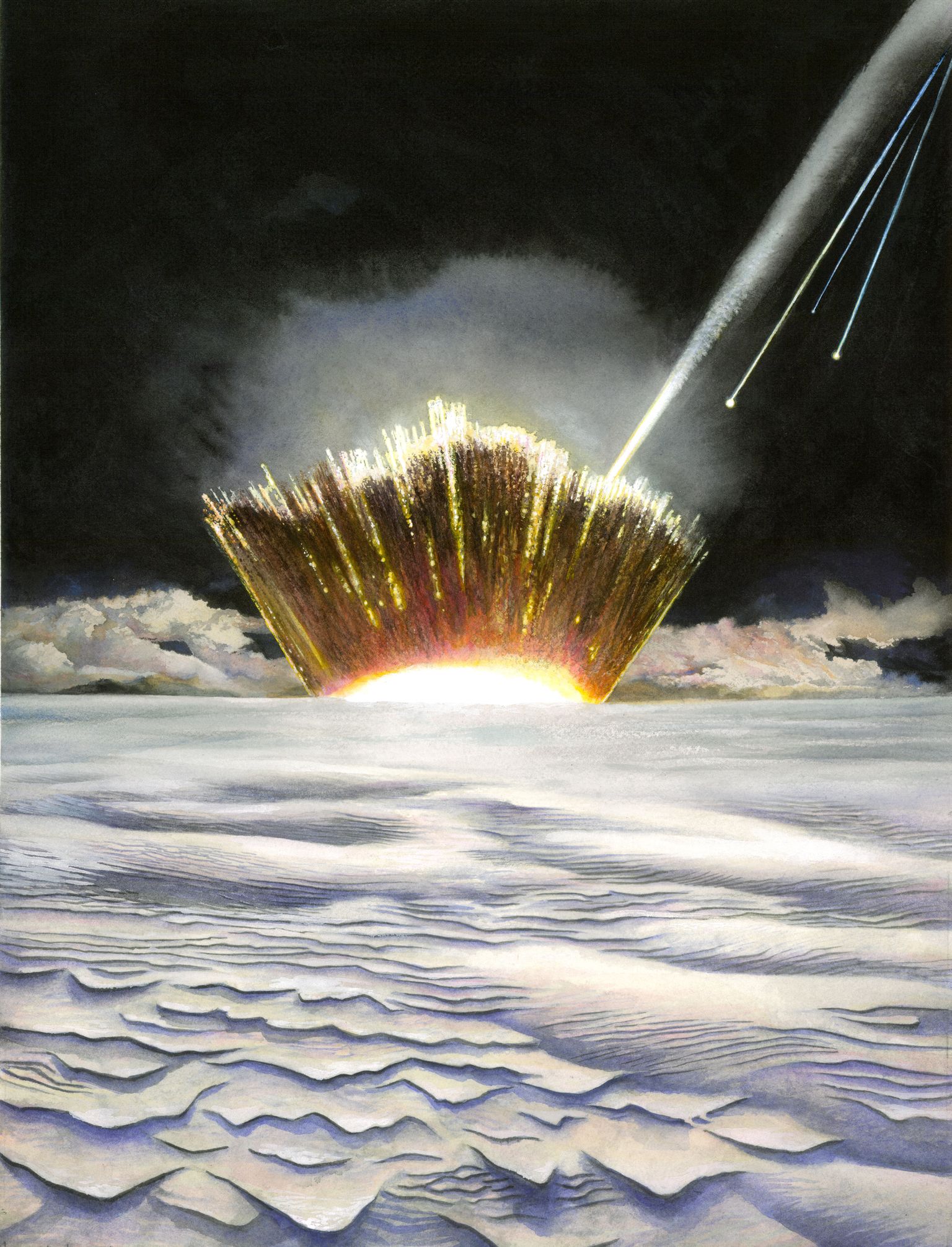 Kunstniku kujutis meteoriidi maale langemisest.