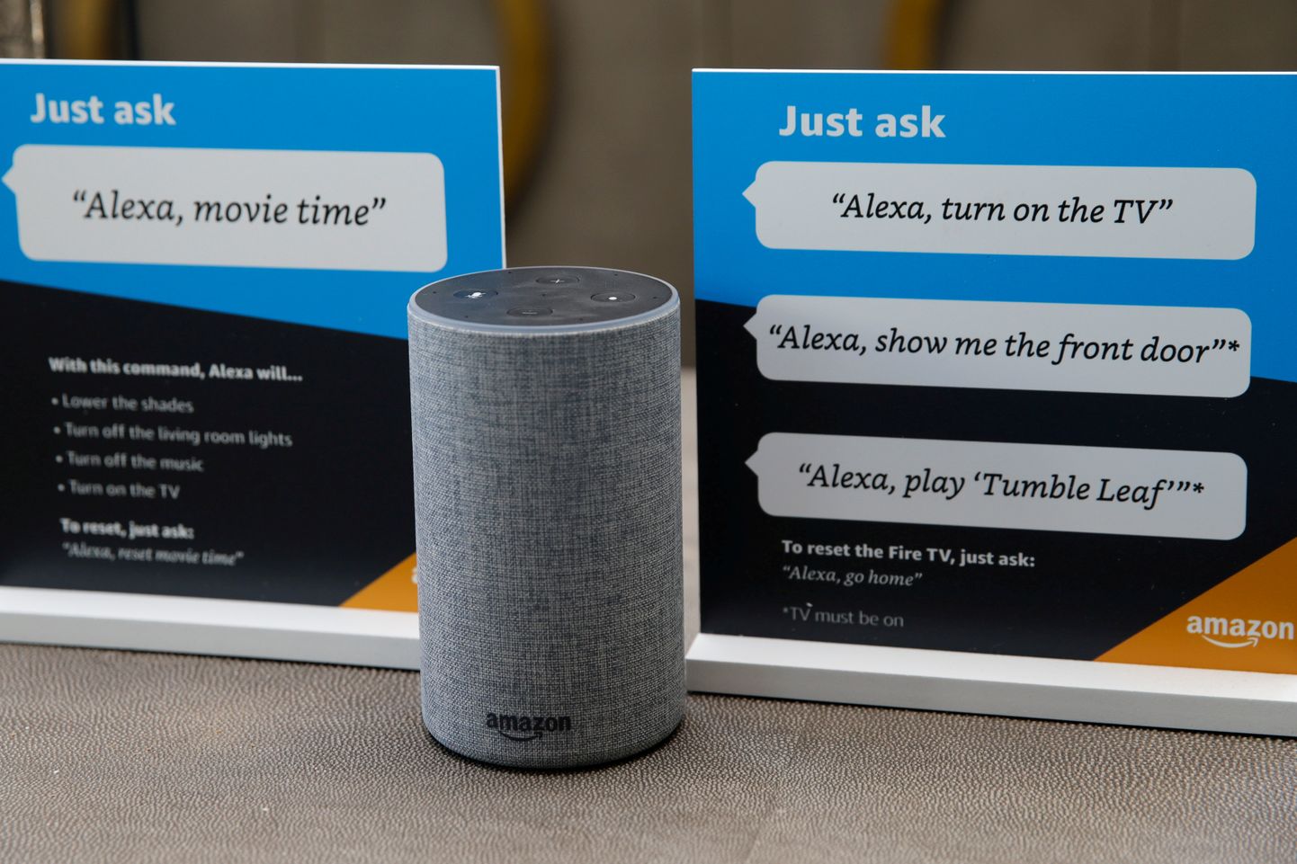 FILE PHOTO: Prompts on how to use Amazon's Alexa personal assistant are seen in an Amazon ‘experience centre’ in Vallejo, California, U.S., May 8, 2018. REUTERS/Elijah Nouvelage/File Photo