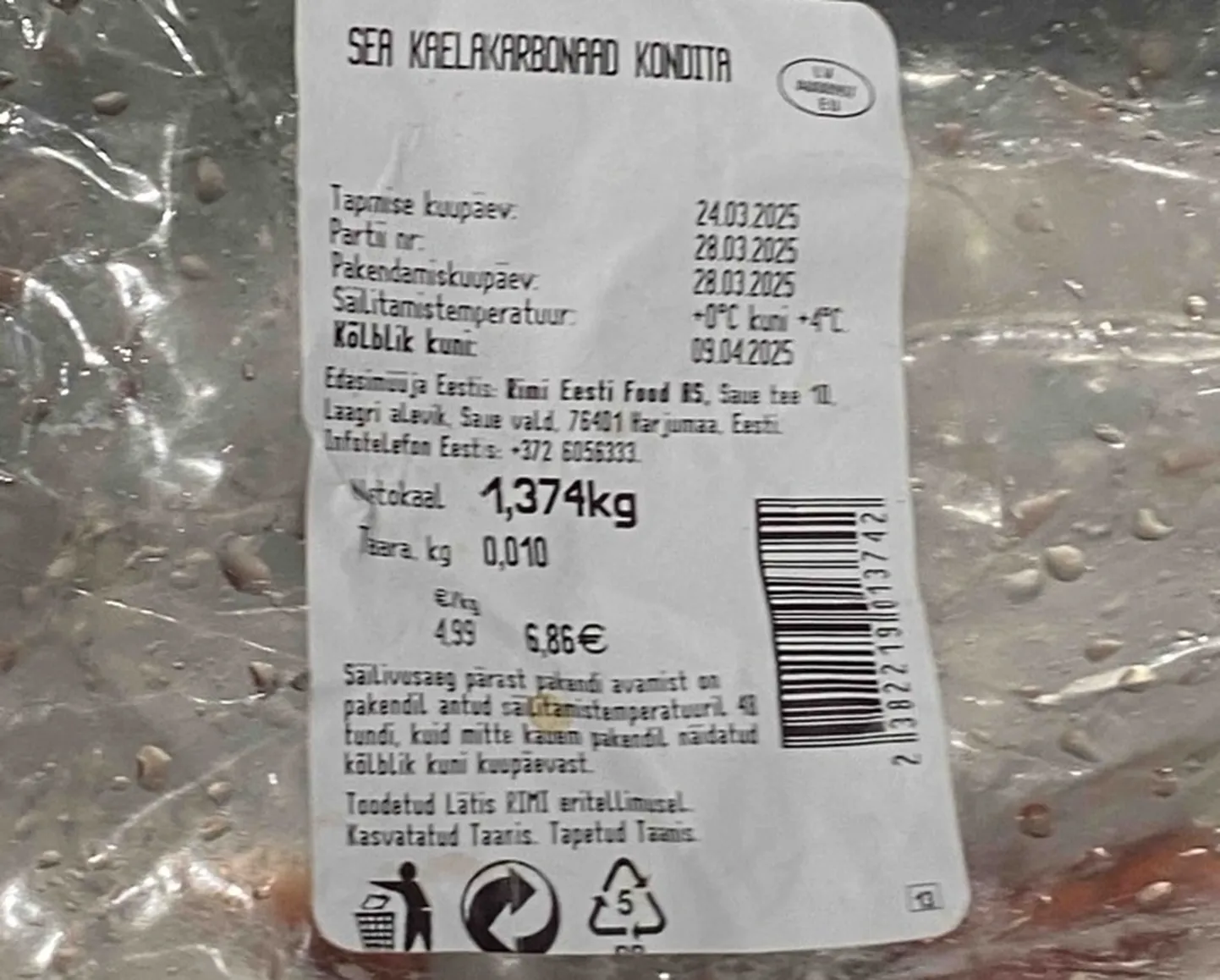 Упаковка мяса, которую Галина купила в магазине Rimi на улице Паэ в Таллинне.