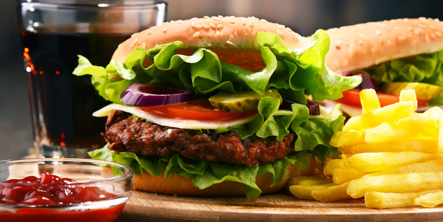 Homemade hamburger with cheese and fresh vegetables