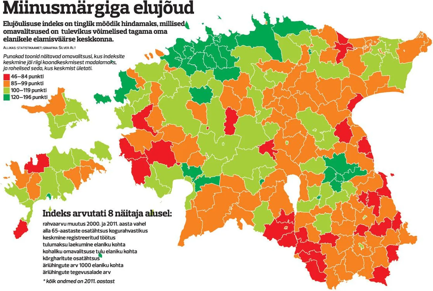 Kohalike omavalitsuste elujõulisuse indeksi kaart.