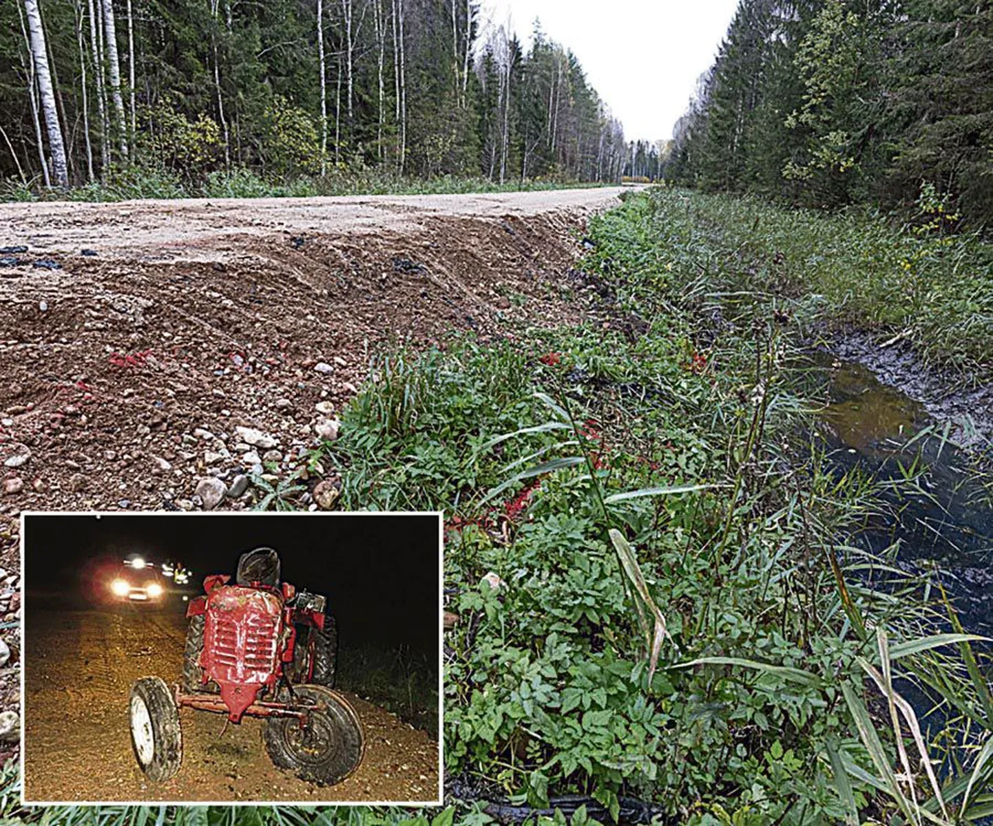 Esmaspäeva hommikul, kui Sakala sündmuskohal käis, olid traktor ja selle haagis õnnetuskohalt juba minema toimetatud. Jäljed olid siiski selgelt näha, kraavipervel vedeles aku ning kraavipõhi oli õline.