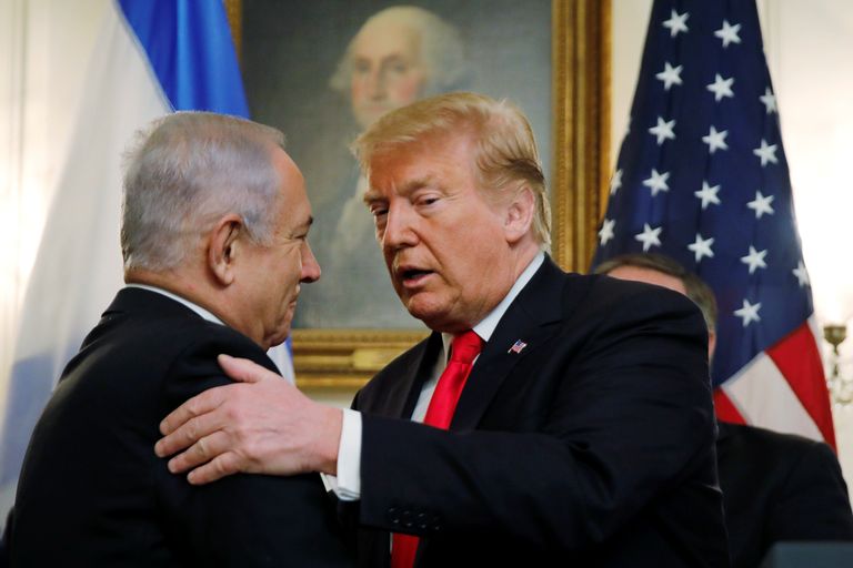 Iisraeli peaminister Benjamin Netanyahu täna Valges Majas koos USA presidendi Donald Trumpiga tseremoonia ajal, kus Ühendriigid tunnustasid Iisraeli suveräänsust Golani kõrgendike üle.