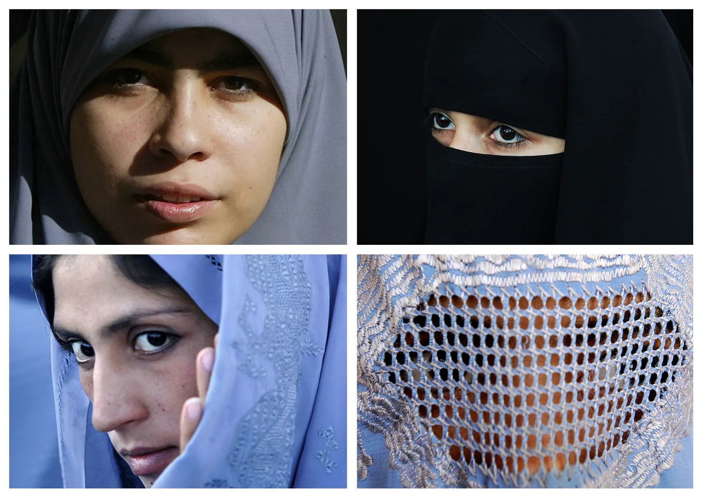 Типы мусульманской женской одежды: в верхнем ряду слева - хиджаб, справа - никаб; в нижнем ряду слева - чадор, справа - паранджа