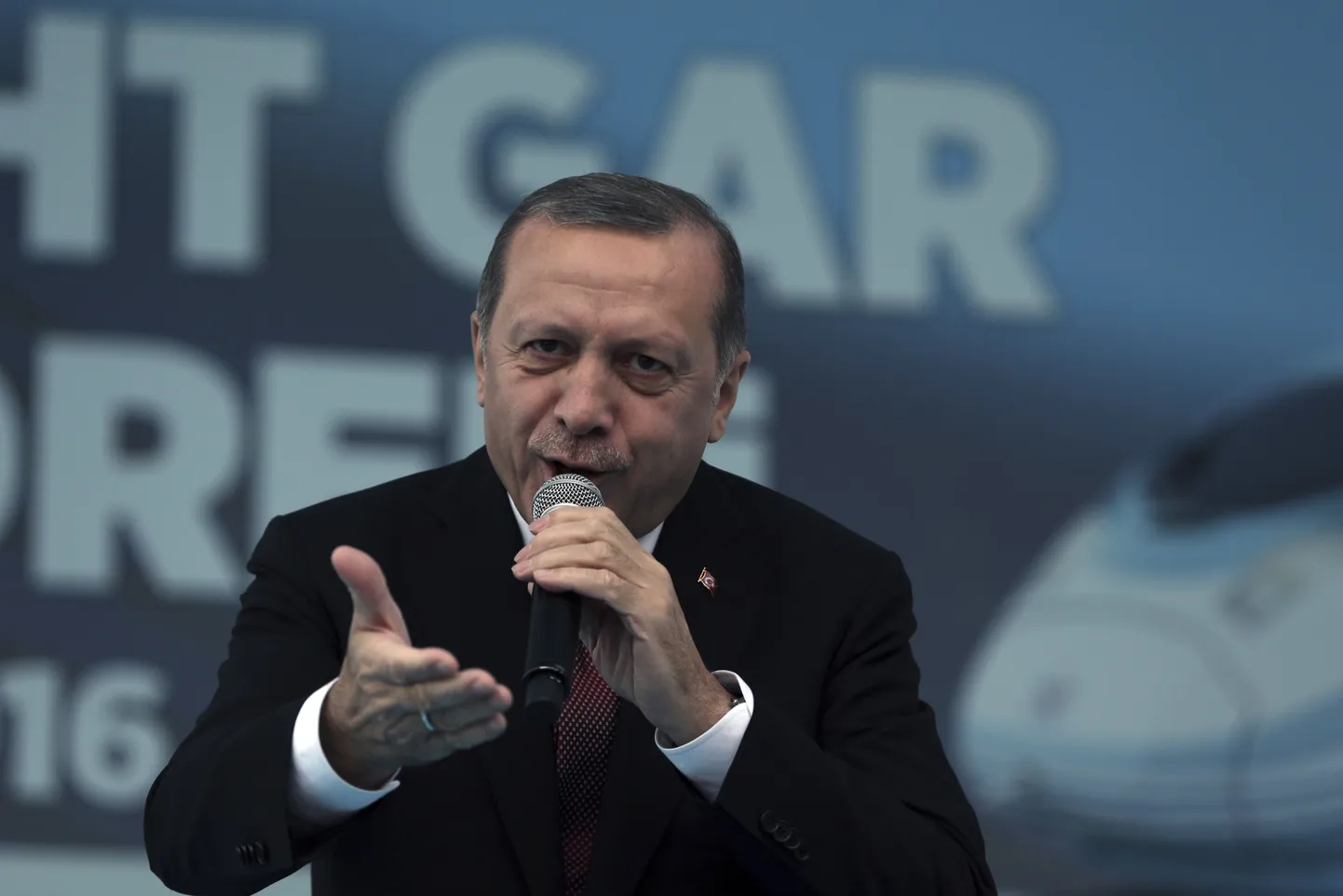 Turkey's President Recep Tayyip Erdogan addresses his supporters during a ceremony for a new train station building on Republic Day in Ankara, Turkey, Saturday, Oct. 29, 2016.(AP Photo/Burhan Ozbilici)