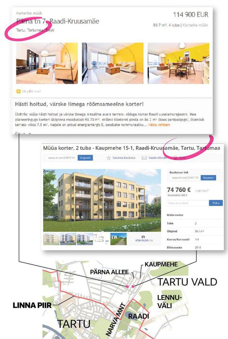 В объявлениях указано, что квартира находится в Тарту, однако дом расположен за пределами городской черты. 