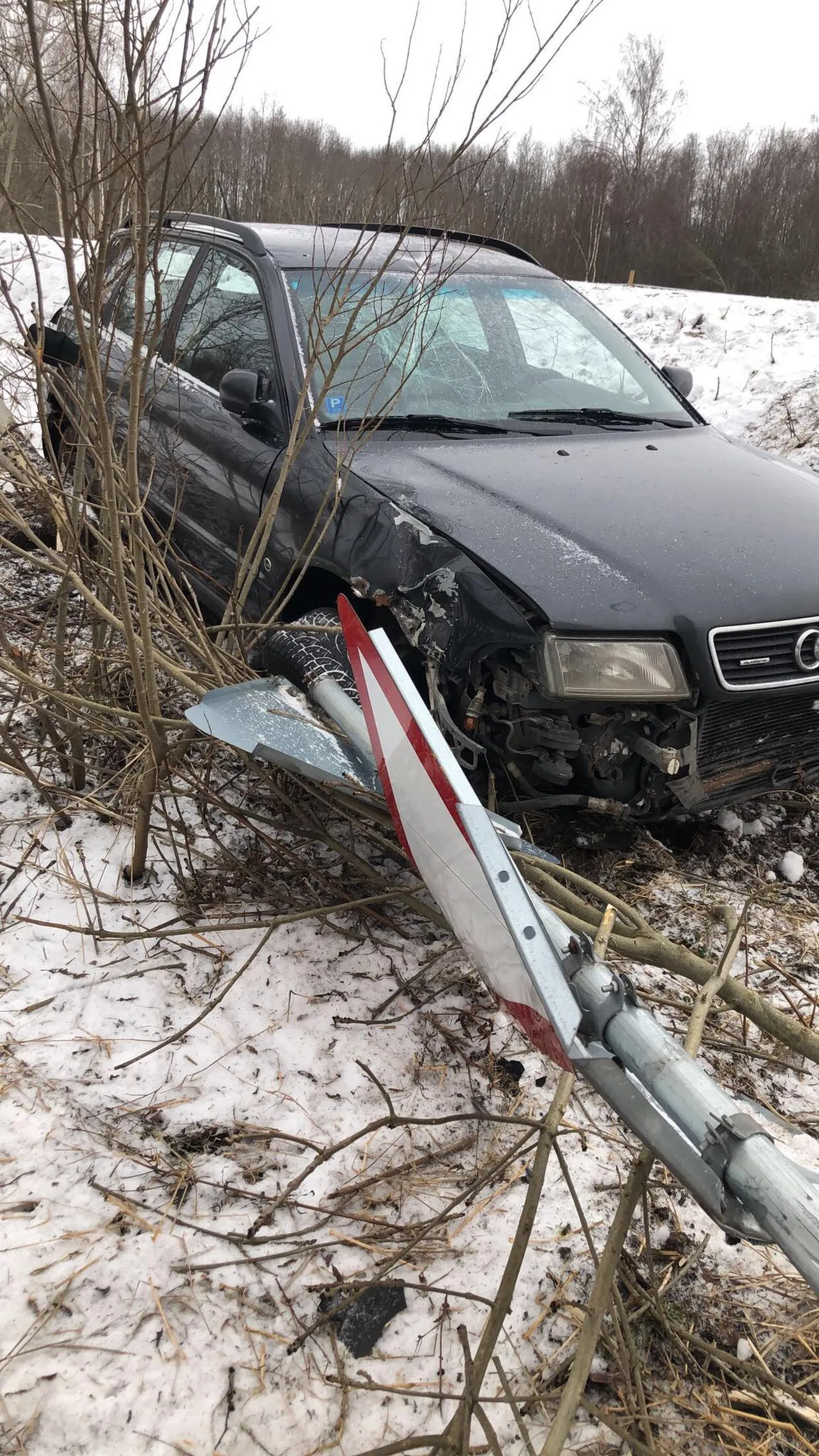 Audi A4 teekond lõppes koos liiklusmärgiga eurokraavis.