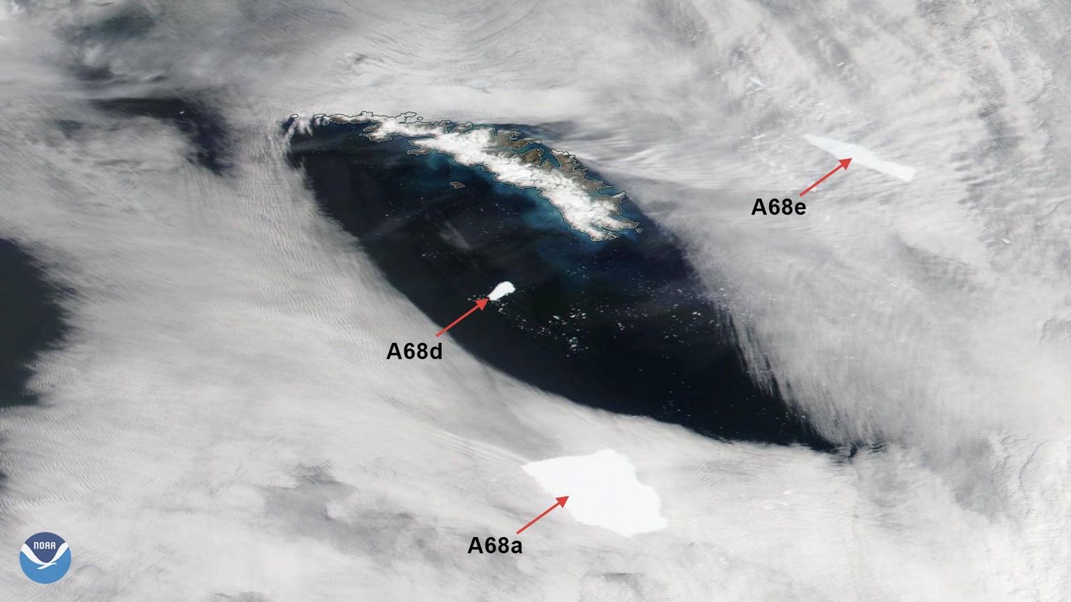 USA ookeani- ja atmosfääri administratsiooni (NOAA) satelliidifoto, millel on näha jäämäest A-68 murdunud osi A-68a, A-68d ja A-68e