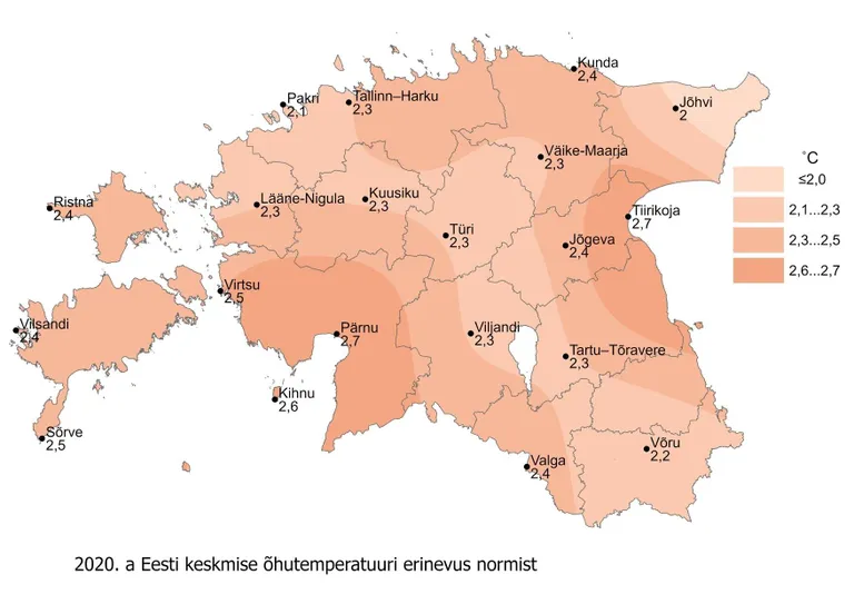 Õhutemperatuuri erinevus võrreldes keskmisega (1981–2010).