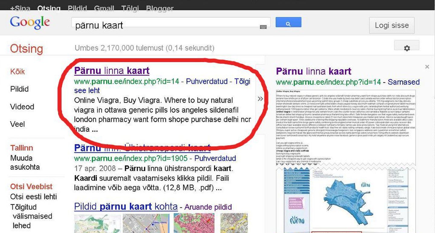 Küberkurjategijad sokutasid Google`i otsingumootoris Pärnu linna ametlikule kodulehele potentsiravimi reklaame.
