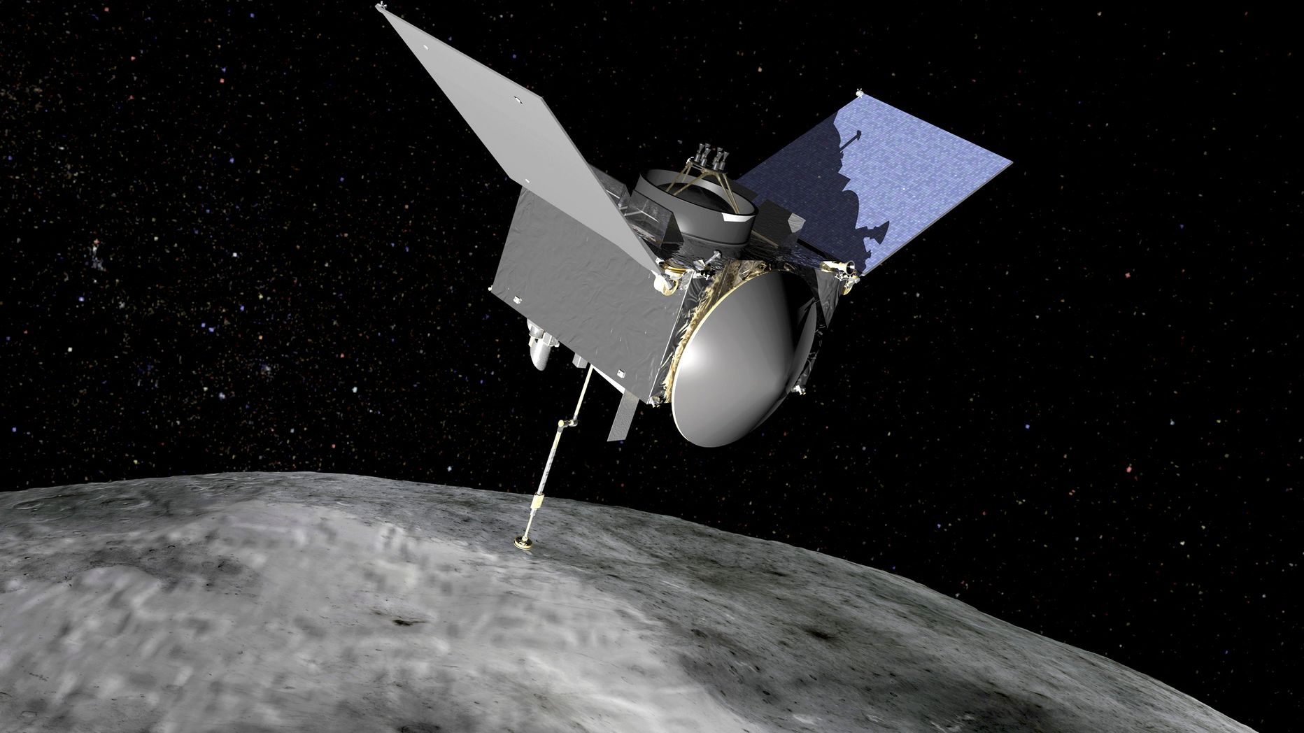 NASA kunstniku joonistus sond Osiris-Rexist ja asteroid Bennust