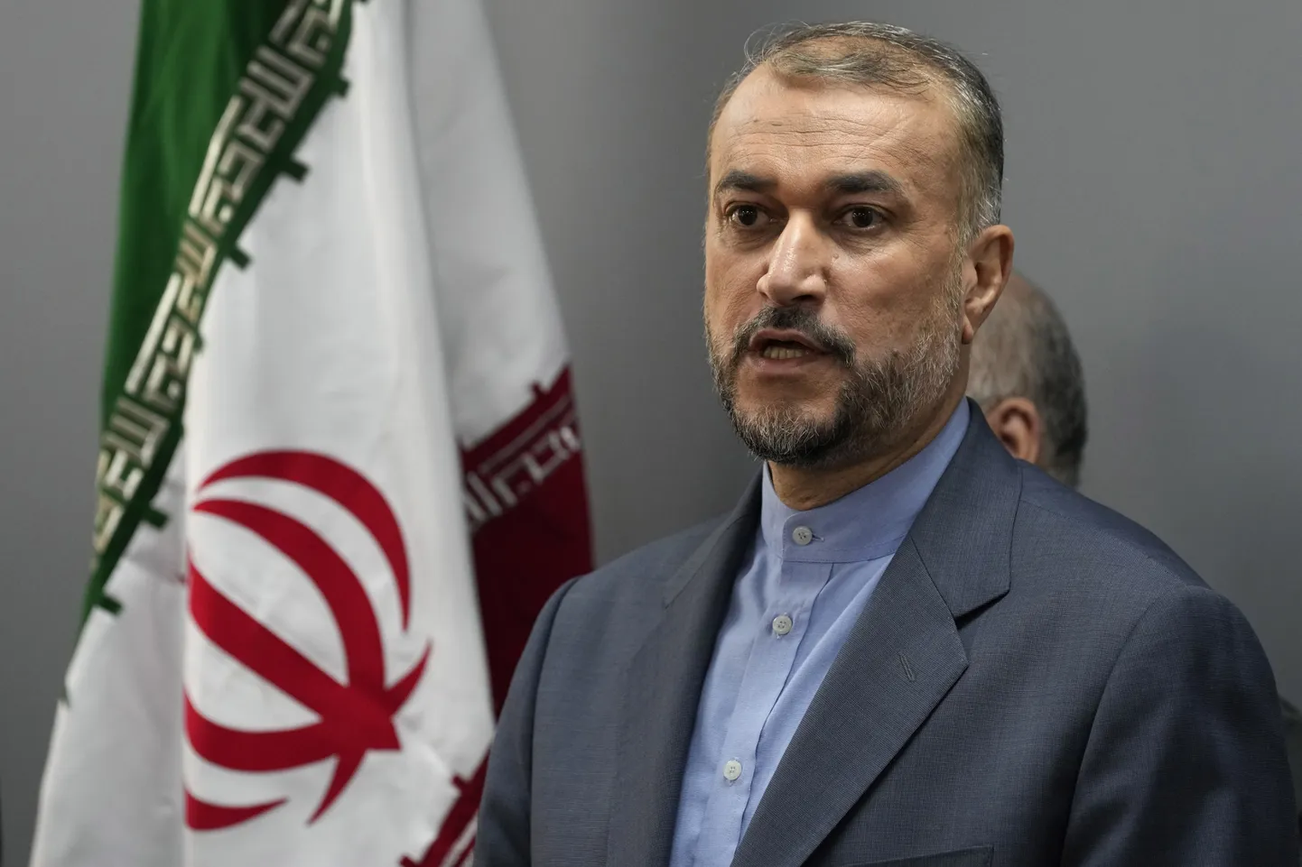 Iranian Foreign Minister Hossein Amirabdollahian, speaks during a joint press conference with his Lebanese counterpart Abdallah Bouhabib, in Beirut Lebanon, Friday, Oct. 13, 2023. Amirabdollahian blasted the United States for calling for restraint in the region while at the same time allowing Israel to "commit out crimes" in Gaza. (AP Photo/Hussein Malla)  XHM102