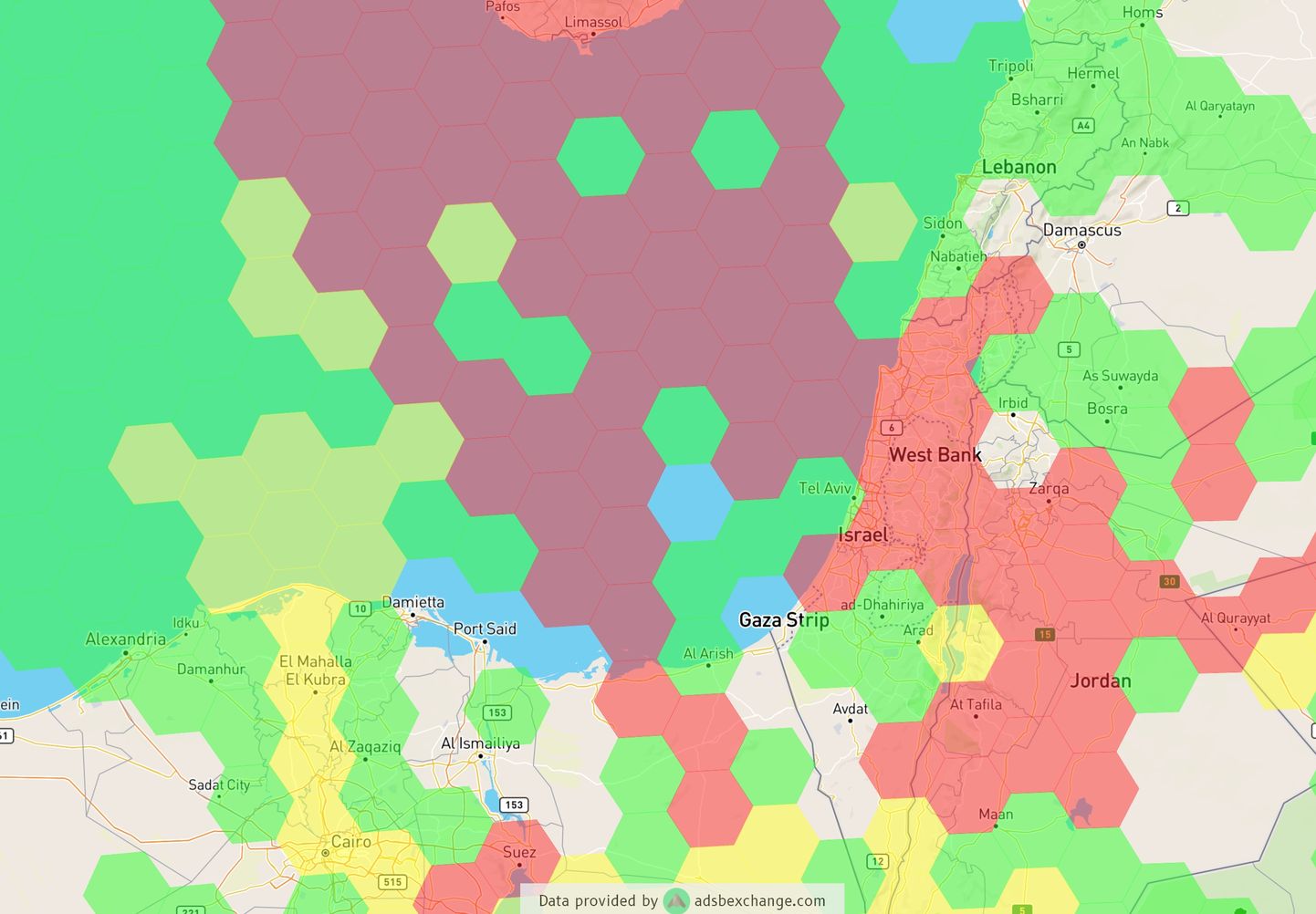 Selline näeb välja satelliidisignaali häirimise kaart Iisraeli-Gaza sektori piirkonnas.