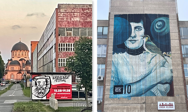 Перспектива улицы Линда вдоль корпуса завода «Балтиец» и мурал с Яаком Йоала на ризалите фасада (красном выступе на снимке слева).  