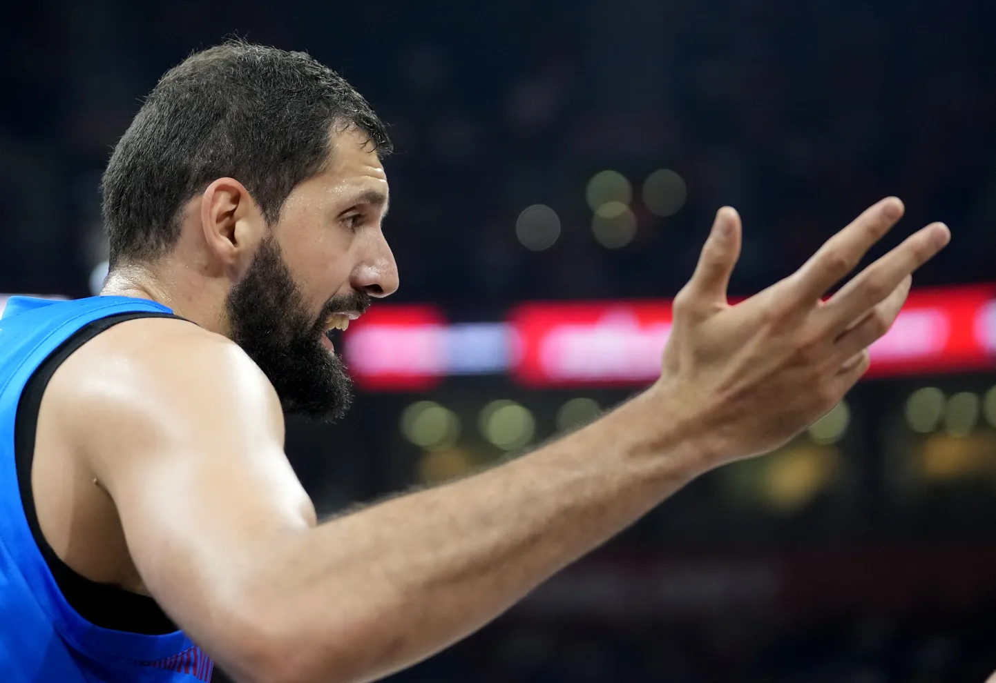 Barcelona's Nikola Mirotic reacts during their Final Four Euroleague bronze medal basketball match between Barcelona and Olympiacos, in Belgrade, Serbia, Saturday, May 21, 2022. (AP Photo/Darko Vojinovic)