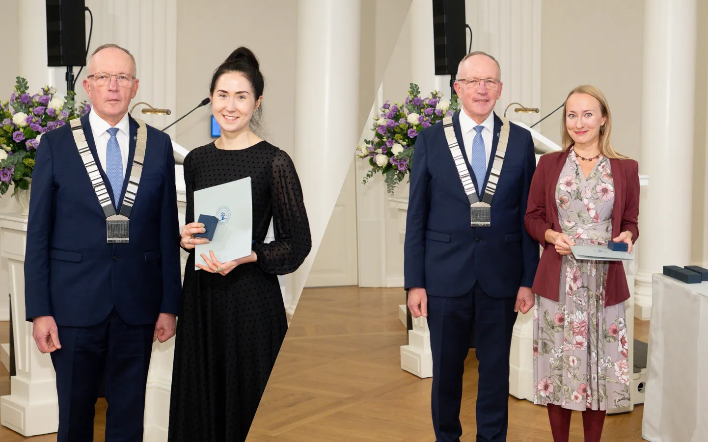 Tartu ülikooli rektor Toomas Asser õnnitles möödunud nädalal teenetemärkide tseremoonial järjest kaht Mari-Liis Madissoni: ülikooli muuseumi kuraatorit Mari-Liis Madissoni (vasakul) ja semiootika teadurit Mari-Liis Madissoni (paremal) tunnustati mõlemat ülikooli aumärgiga.