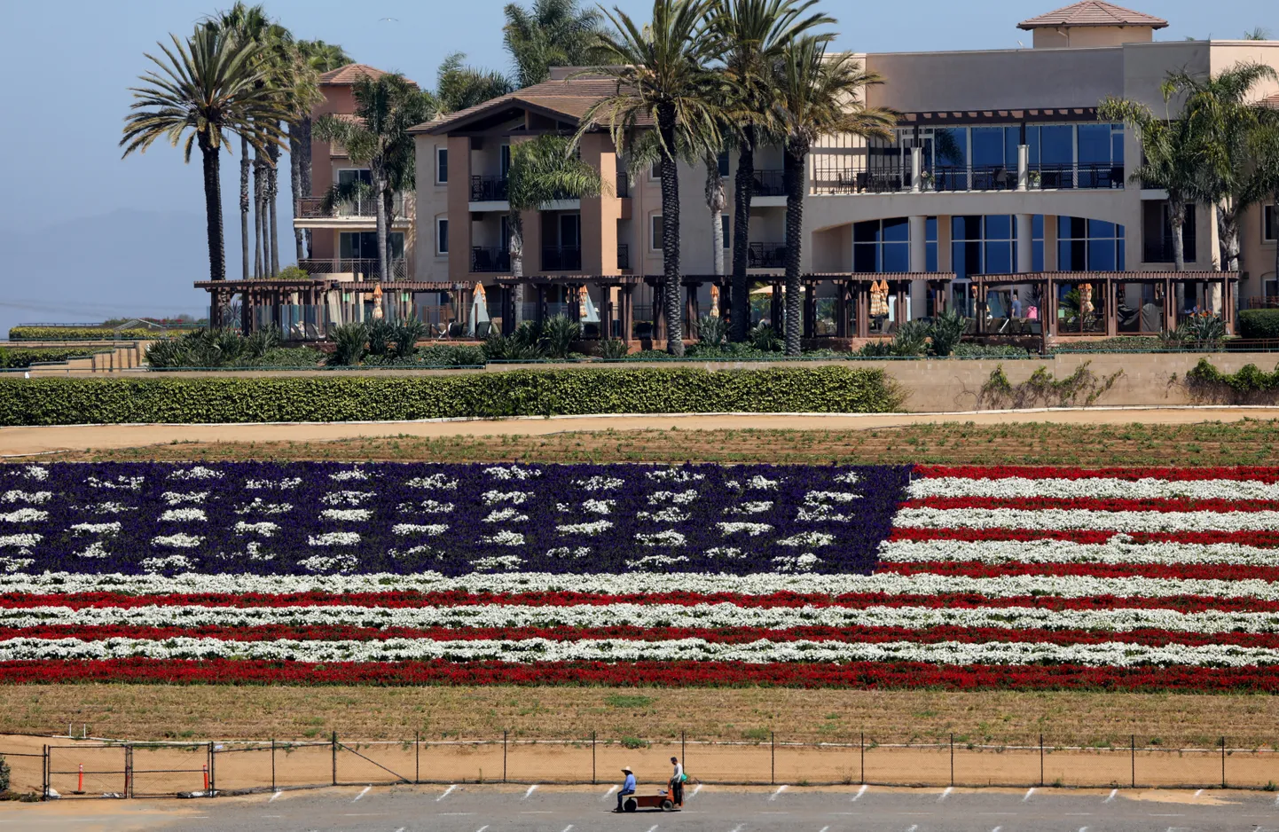 USA lipuna kujundatud lillepeenar elumajade juures Californias Carlsbadi linnas.