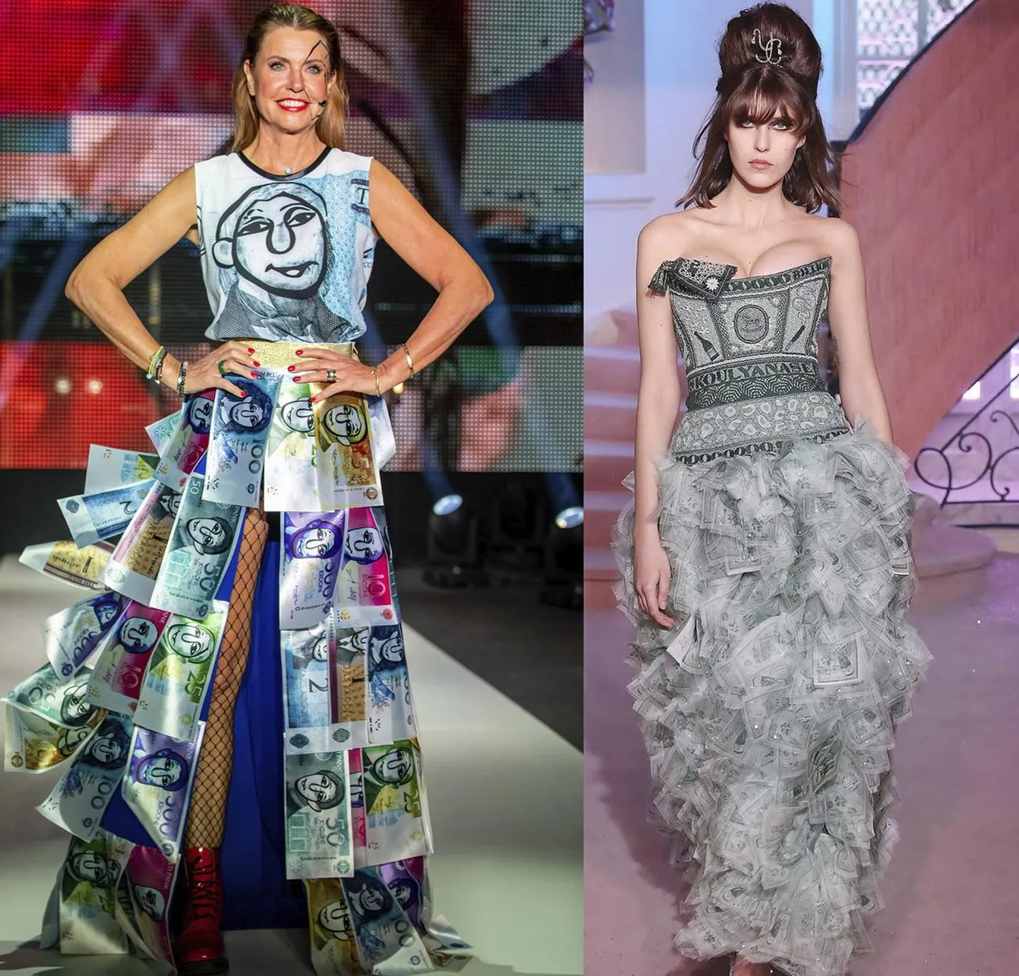 Kui originaalne on skandaalne rahakleit? Tallinn Fashion Weeki moepubliku vihjetest rullus lahti terve ahel. Võta kinni, kas tegu on inspiratsiooni võtmise või ideede virutamisega. Vaata ja võrdle: rahakleit - terve seelikuosa on rahatähtedest. Vasakul Tim Bluz, TFW, esitleti mais, paremal&nbsp;Ulyana Sergeenko Moskva haute couture, esitleti jaanuraris.