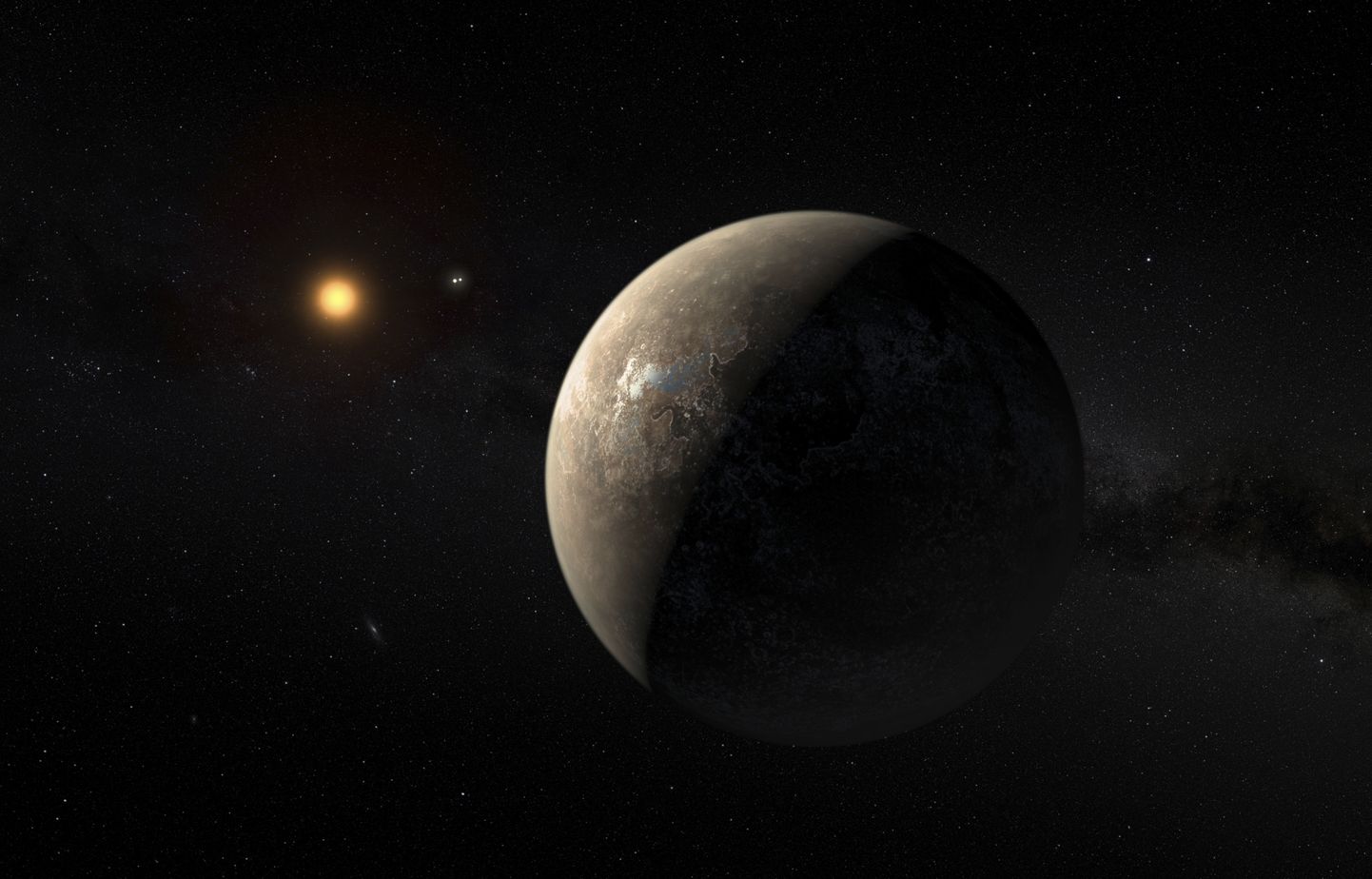 Kunstniku nägemus Maale lähimast eksplaneedist Proxima B'st, mis tiirle ümber Proxima Centauri nimelise kääbustähe. Kuigi lähim on Proxima B siiski meist ligikaudu 40 triljoni kilomeetri kaugusel